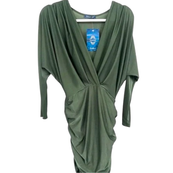 SOLD! Olive Green Surplice Batwing Midi Ruched Long Sleeve Dress Size Medium/8 - Picture 2 of 10